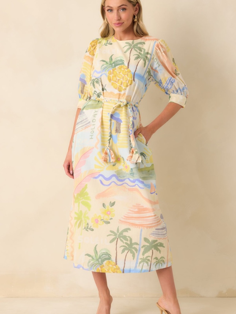 PROSPERINA NWT BRYNNE MULTI PRINT COTTON MIDI DRESS Sz XS Relaxed Fit w tie XS
